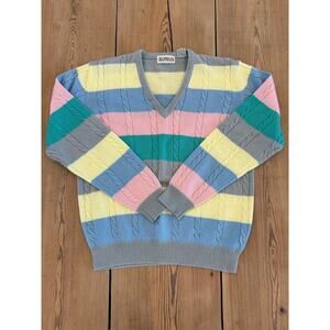Vintage Sweater V-neck cable-knit Medium Yellow Pink Blue Gray Color Block‎